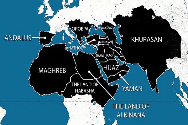 خريطة الدولة الإسلامية كما تناقلتها وسائل إعلام قريبة من (داعش) 