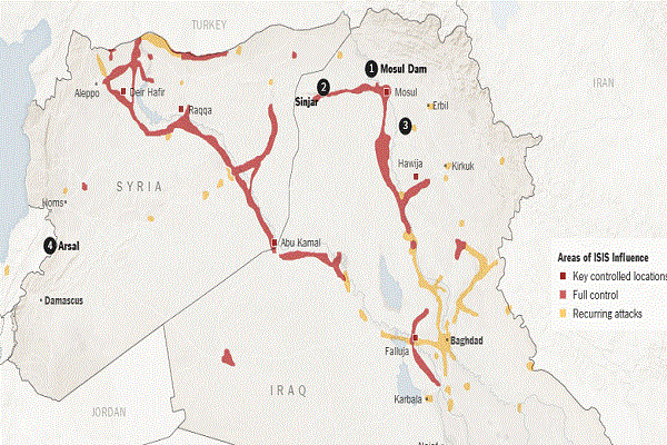 خريطة توضح أماكن انتشار تنظيم داعش 