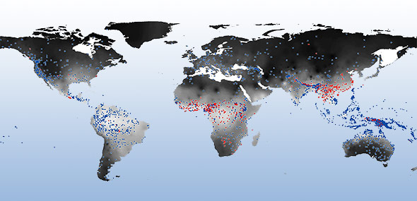 خريطة لغوية تظهر العلاقة بين المناخ واللغات على المستوى العالمي