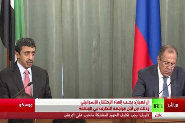 لافروف وعبدالله بن زايد خلال مؤتمرهما الصحفي 