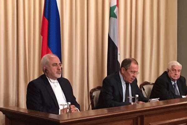 الثلاثي الروسي السوري الإيراني خلال المؤتمر الصحافي