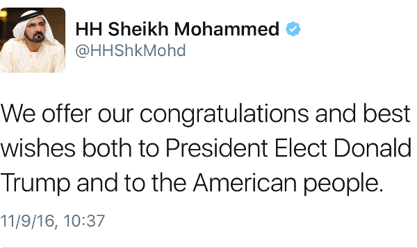 محمد بن راشد يهنئ ترامب في تدوينة على تويتر
