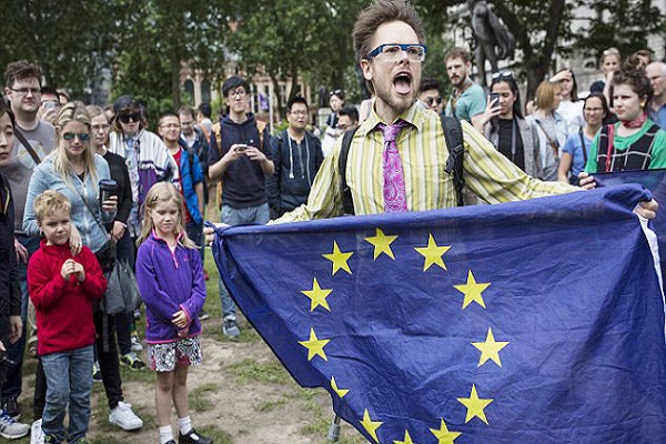 متظاهريحمل علم الاتحاد الاوروبي 
