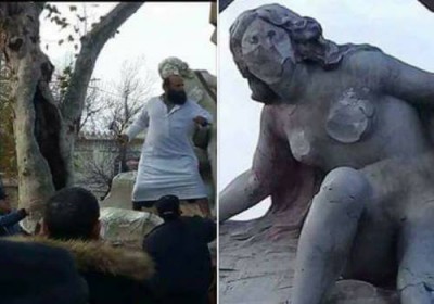 مختل عقليًا ملتح يخرب تمثال امرأة عارية في الجزائر