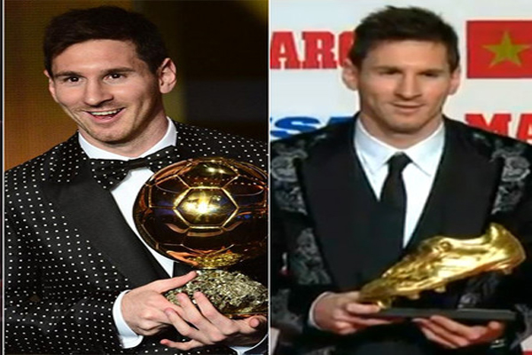 بدلة ميسي في حفل الحذاء الذهبي يوم أمس الأربعاء (يمين) وبدلة ميسي في حفل الفيفا العام الماضي (يسار)