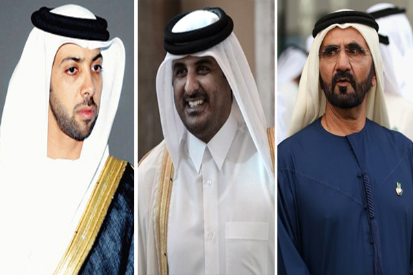 الشيخ محمد بن راشد ( يمين ) و الشيخ تميم بن حمد ( الوسط ) الشيخ منصور بن زايد (يسار)