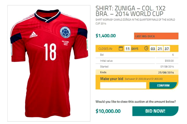 مزاد علني على شبكة الإنتر نت لبيع قميص اللاعب الكولومبي كاميلو زونيغا مع منتخب بلاده