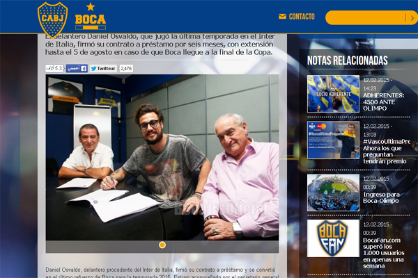 صورة ضوئية لموقع نادي بوكا جونيورز الأرجنتيني وإعلانه التوقيع مع أوزفالدو