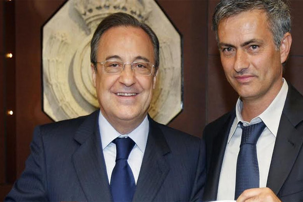 البرتغالي جوزيه مورينيو رفقة رئيس ريال مدريد الإسباني فلورنتينو بيريز