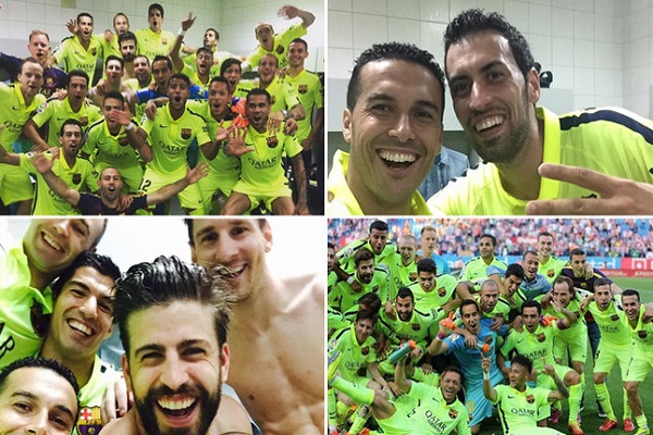 لاعبو برشلونة يحتفلون بلقب الليغا الإسبانية في مدريد