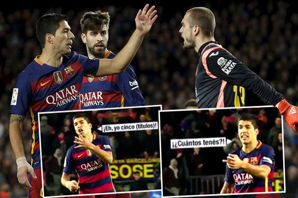 سواريز يستفز حارس إسبانيول بعدد البطولات التي حققها مع برشلونة خلال عام 2015