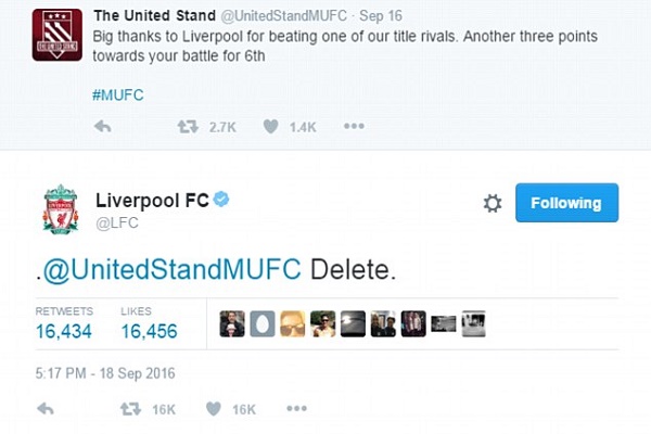 حساب ليفربول على تويتر يسخر من هزيمة مانشستر يونايتد