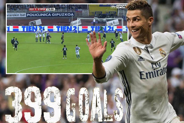 الرقم الرسمي الصحيح لعدد الأهداف التي سجلها رونالدو بقميص ريال مدريد هي 399 هدفا 