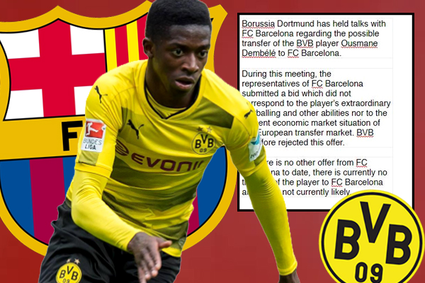 أعلن نادي بوروسيا دورتموند الألماني موقفه الرسمي من عرض نادي برشلونة الإسباني للتعاقد مع الفرنسي عثمان ديمبلي