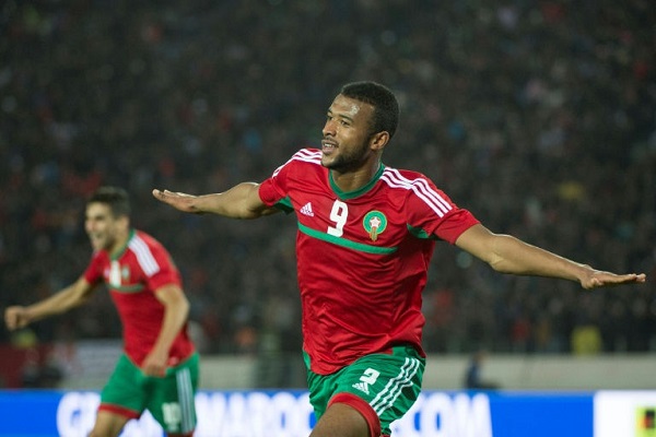 المغربي أيوب الكعبي يحتفل بتسجيل هدف في مرمى ليبيا ضمن نصف نهائي بطولة امم افريقيا للمحليين، في 31 كانون الثاني/يناير 2018.
