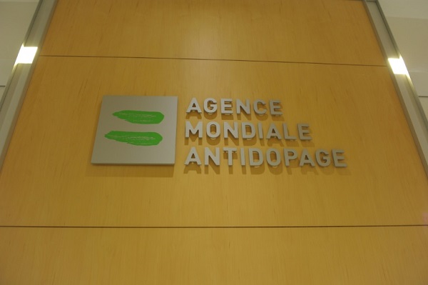 شعار الوكالة العالمية لمكافحة المنشطات على مقرها في مونتريال الصورة التقطت في 20 ايلول/سبتمبر 2016