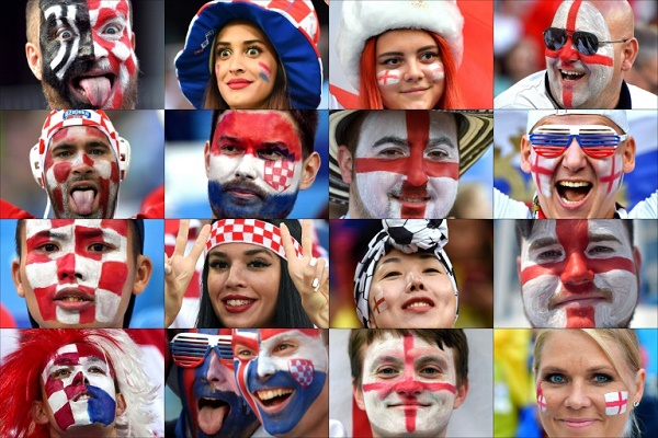 صورة مركبة لمشجعين للمنتخبين الانكليزي والكرواتي على هامش كأس العالم في روسيا.