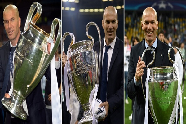 ثلاث ابتسامات في ثلاثة أعوام: زين الدين زيدان مع كأس مسابقة دوري أبطال أوروبا في 2016 (من اليسار)، 2017، و2018.