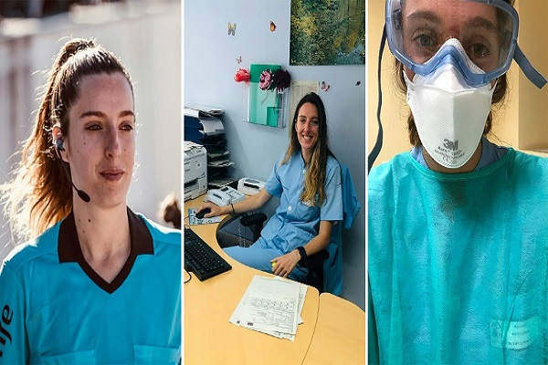 الحكم في الدوري الإسباني والممرضة إيراغارتزي فيرنانديز في ثلاث لقطات مختلفة لها في الملعب والمستشفى