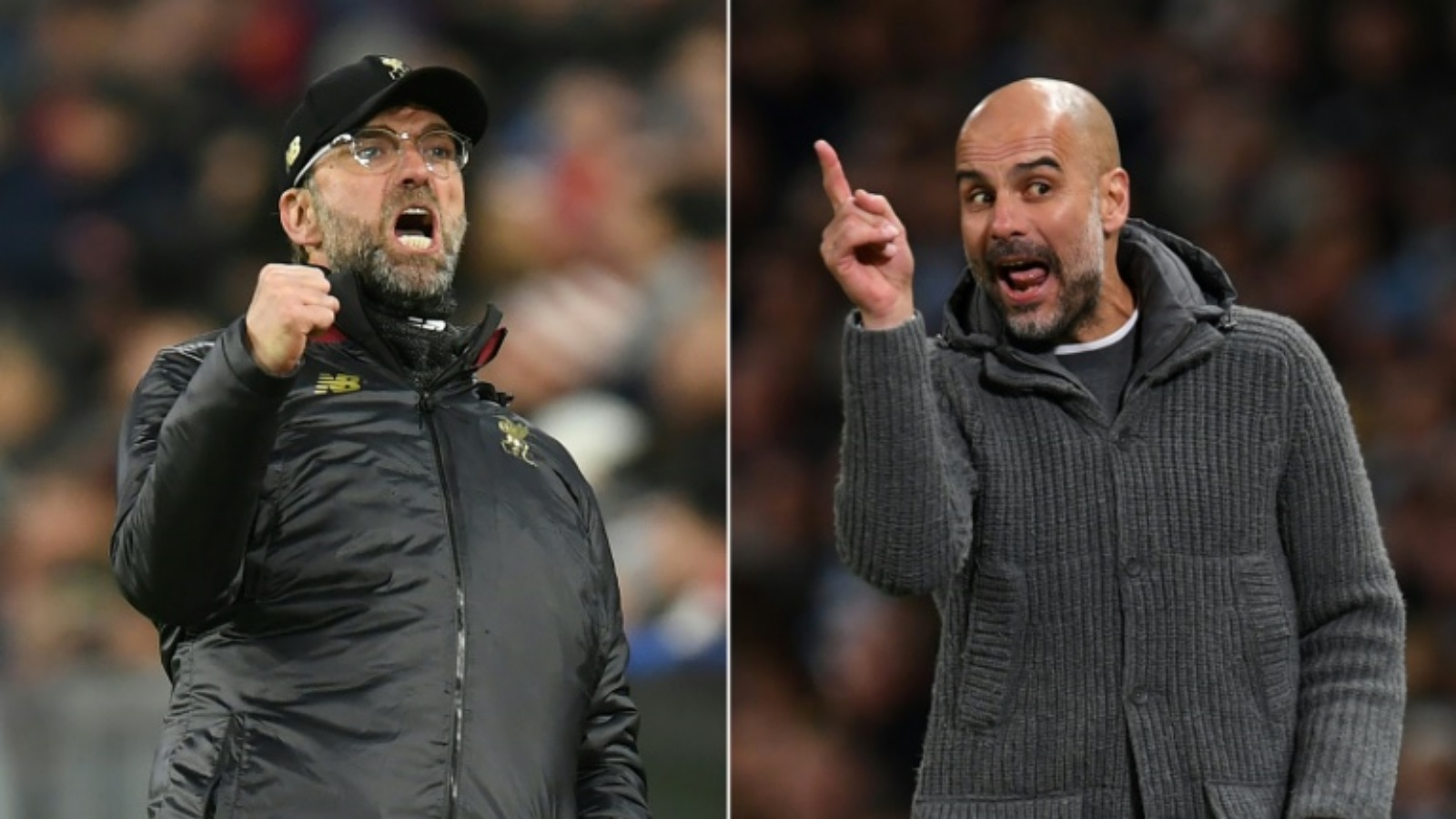 صورة مركبة تظهر المدرّب الألماني لليفربول الإنكليزي يورغن كلوب (يسار) يحتفل بعد أن سجّل فريقه الهدف الأول خلال إياب ثمن نهائي دوري أبطال أوروبا في 7 آب/أغسطس 2019، والمدرّب الإسباني لمانشستر سيتي الإنكليزي بيب غوارديولا في مباراة بالدوري الإنكليزي أمام ليستر سيتي في 6 أيار/مايو 2019.