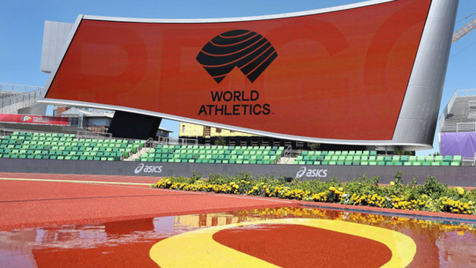 شاشة عرض لبطولة العالم لألعاب القوى في أوريغون 22 في هايوارد فيلد. 14 تموز\يوليو 2022 في يوجين، أوريغون