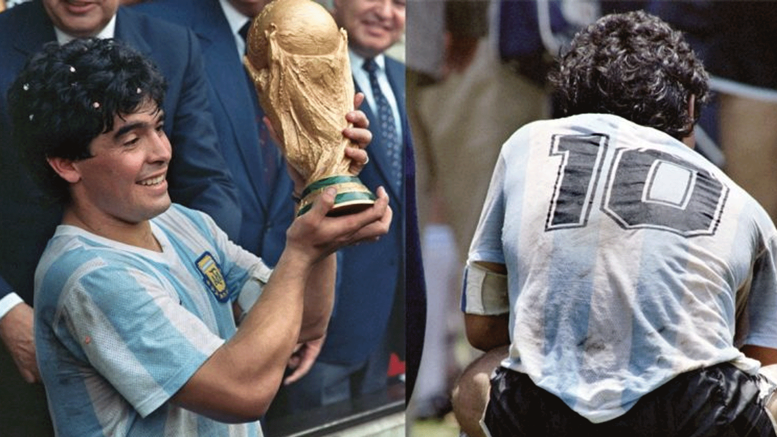 صورة مجمعة للاعب الأرجنتيني الراحل دييغو مارادونا الأولى يرتدي قميصه خلال المباراة والثانية وهو يرفع كأس العالم عام 1986.