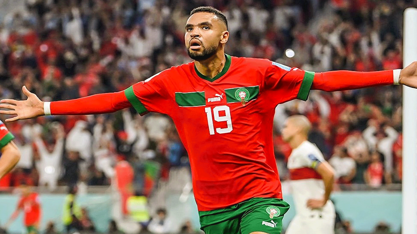 اللاعب المغربي يوسف النصيري صاحب الهدف الأول في مباراة المغرب البرتغال(تويتر)