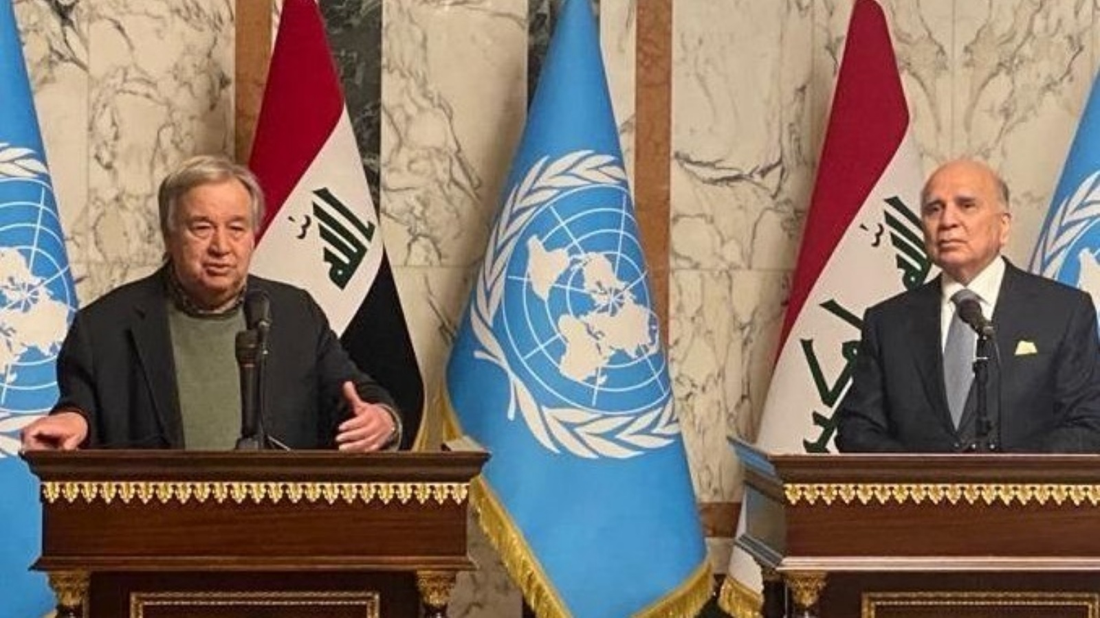 غوتيريش خلال مؤتمره الصحافي مع وزير الخارجية العراقي لدى وصوله الى بغداد الاربعاء في زيارة رسمية هي الثانية له منذ عام 2017 (وكالة نينا)