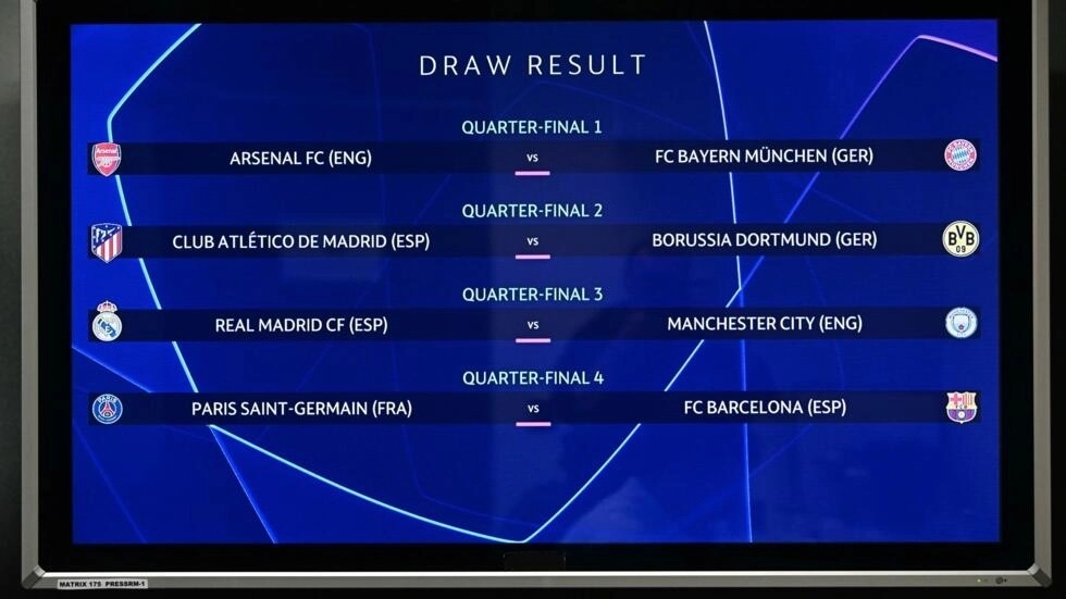 لقطة تظهر شاشة عليها نتائج قرعة الدور ثمن النهائي لمسابقة دوري أبطال أوروبا في كرة القدم. نيون، سويسرا، في 15 آذار (مارس) 2024