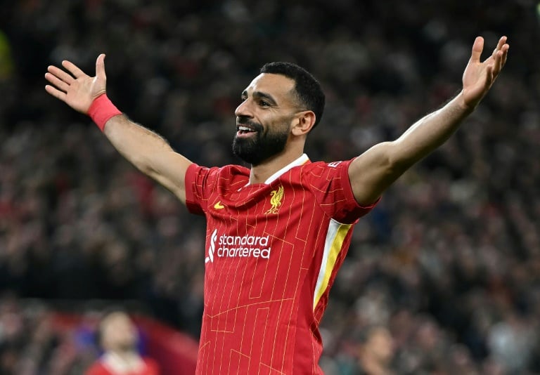 مهاجم ليفربول الانكليزي الدولي المصري محمد صلاح يحتفل بالهدف الثاني في مرمى بولونيا الايطالي (2-0) في الجولة الثانية في مسابقة دوري ابطال اوروبا في ليفربول في الثاني من تشرين الأول/أكتوبر 2024