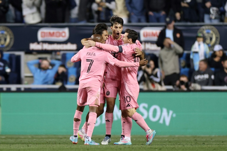 لاعبو انتر ميامي يحتفلون بهدف التعادل في مرمى فيلادلفيا يونيون (3-3) في الدوري الاميركي في 24 أيار/مايو 2025