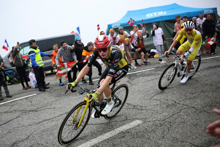 دراج فريق فيسما الدنماركي يوناس فينجارد (يسار) يتقدم على دراج فريق الامارات السلوفيني تادي بوغاتشار في الصعود الأخير في المرحلة الرابعة عشرة من النسخة 112 لطواف فرنسا للدراجات الهوائية في جبال البيرينيه في جنوب غرب فرنسا في 19 تموز/يوليو 2025