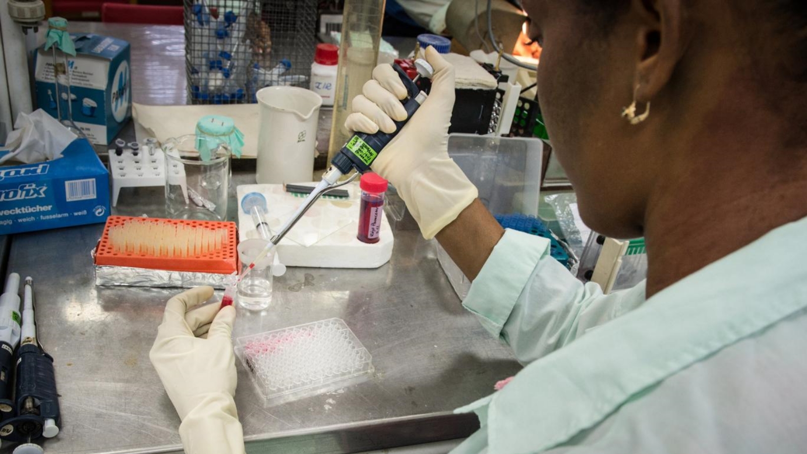 عاملة صحية تجري إختبارًا على عينة من الدم في أحد المختبرات.
