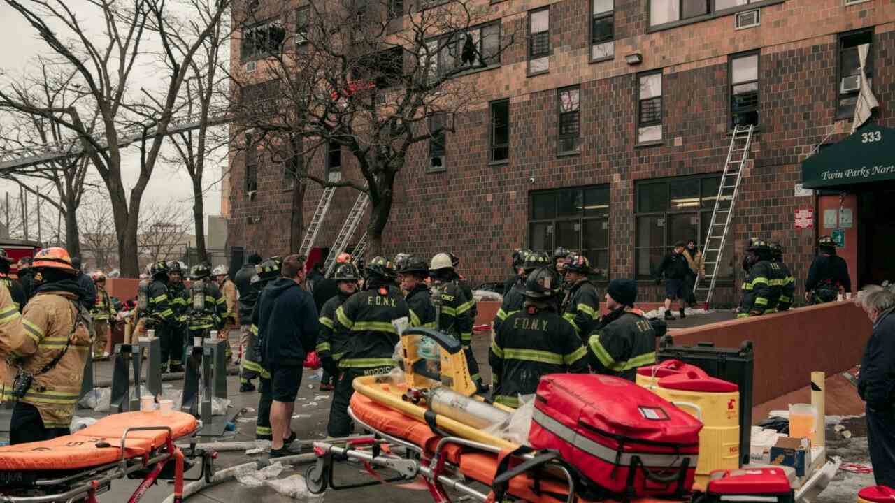 رجال الإطفاء يجلون ضحايا حريق نشب بمبنى سكني في نيويورك، 9 يناير 2022