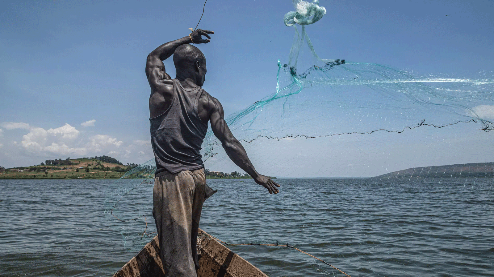 الصياد جويالي كيتاجندا، يلقي شبكته على النيل في جينجا، أوغندا