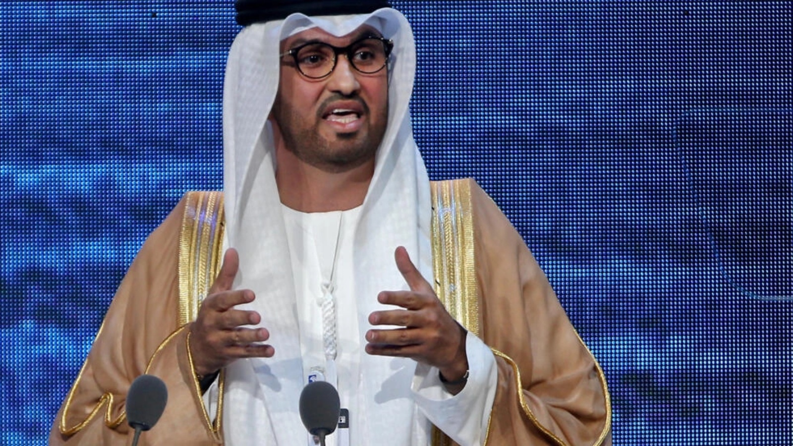 رئيس مؤتمر الأطراف حول المناخ (كوب28) الإماراتي سلطان الجابر رئيس شركة بترول أبوظبي في مؤتمر في العاصمة الإماراتية في 12 يناير 2023 