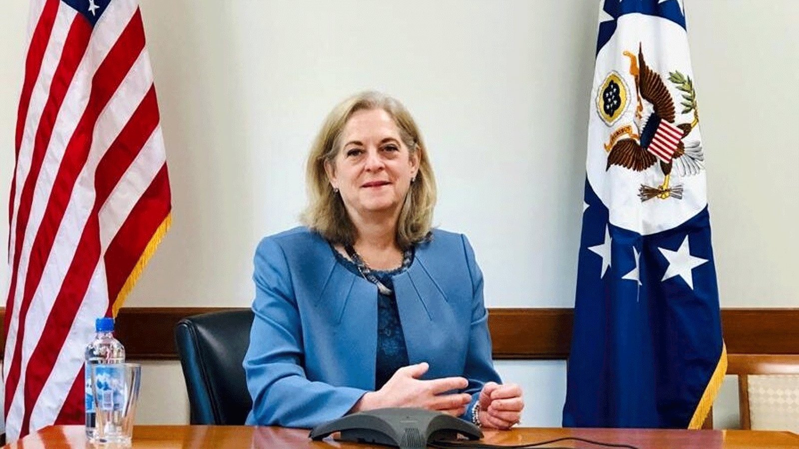 السفيرة الأميركية في العراق اينا رومانسكي تحدثت الثلاثاء 16 ايار\ مايو 2023 عن موقفها من الاوضاع في المنطقة وخاصة العراق (السفارة)