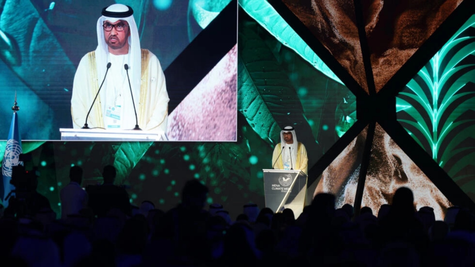 رئيس مؤتمر الأطراف في اتفاقية الأمم المتحدة الإطارية بشأن تغير المناخ (COP28) الإماراتي سلطان الجابر في افتتاح أسبوع المناخ في الشرق الأوسط وشمال إفريقيا في الرياض بتاريخ 8 أكتوبر 2023 