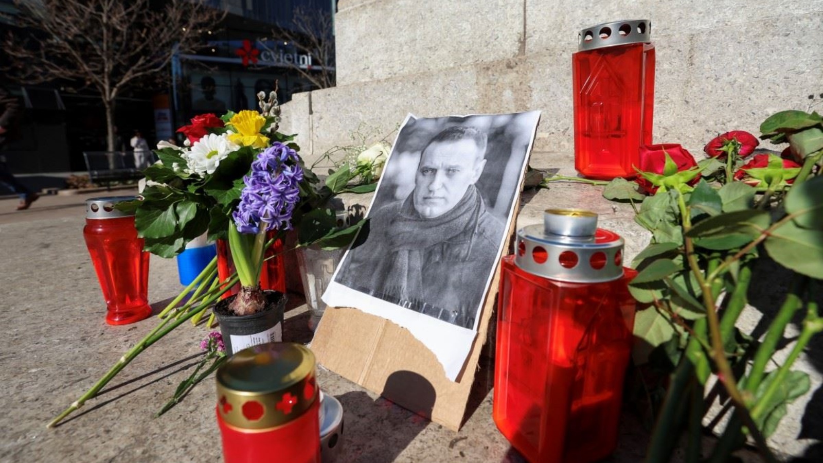 زهور وشموع وضعت عند نصب تذكاري موقت لنافالني في وسط مدينة زغرب 20 شباط (فبراير) 2024