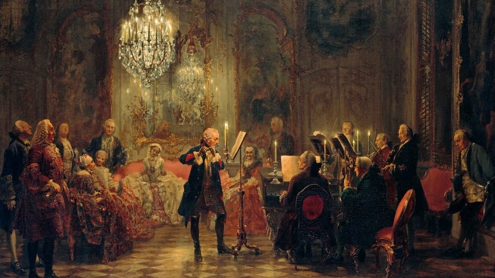 رسم بعنوان Frederick the Great Playing the Flute at Sanssouci بريشة الرسام الألماني أدولف مينزل