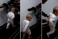 رضيع صيني يركض على آلة الجري