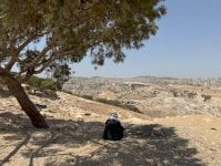 يظهر في الصورة أبو عماد من الخلف مستظلاً بشجرة، ومرتدياً زياً تقليدياً بلون أسود وعلى رأسه الكوفية الفلسطينية، بينما ينظر إلى الأمام تجاه القدس. - BBC