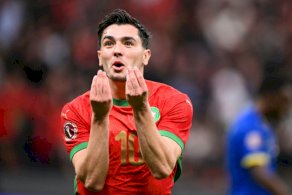 مهاجم المغرب ابراهيم عبد القادر دياس يحتفل بهدفه في مرمى تنزانيا في ثمن نهائي كأس الأمم الإفريقية في الرباط ف يالرابع من كانون الثاني/يناير 2026