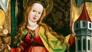 لوحة من مطلع القرن السادس عشر للقديسة بربارة بجانب البرج الذي سجنت فيه - 